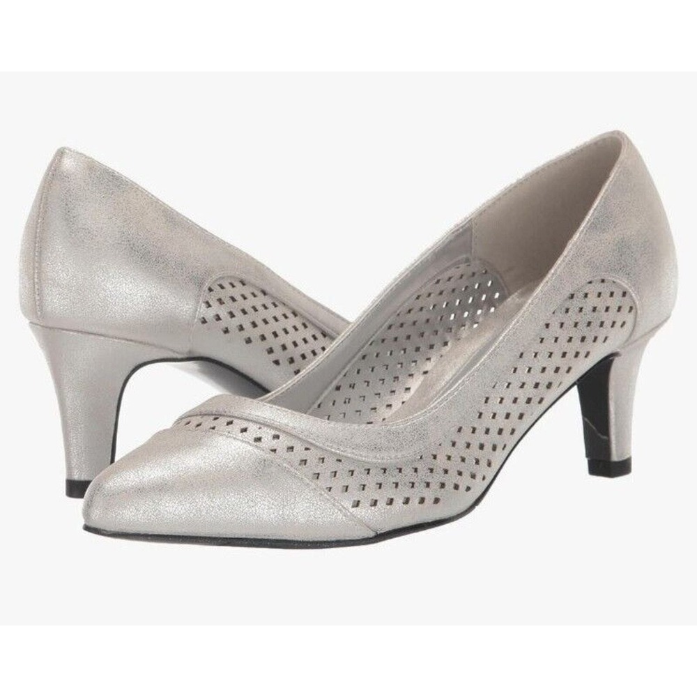 Easy Street Ansen Pumps Womens 6.5M Silver Metallic Eyelet Kitten Heels NEW